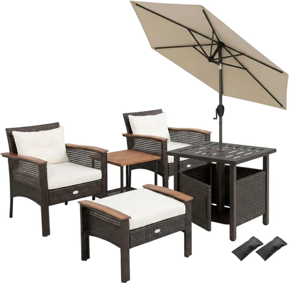 3-Piece Patio Lounge Bundle with 5-Piece PE Rattan Conversation Set, Wicker Umbrella Side Table & 7.5 FT Tilt Market Umbrella