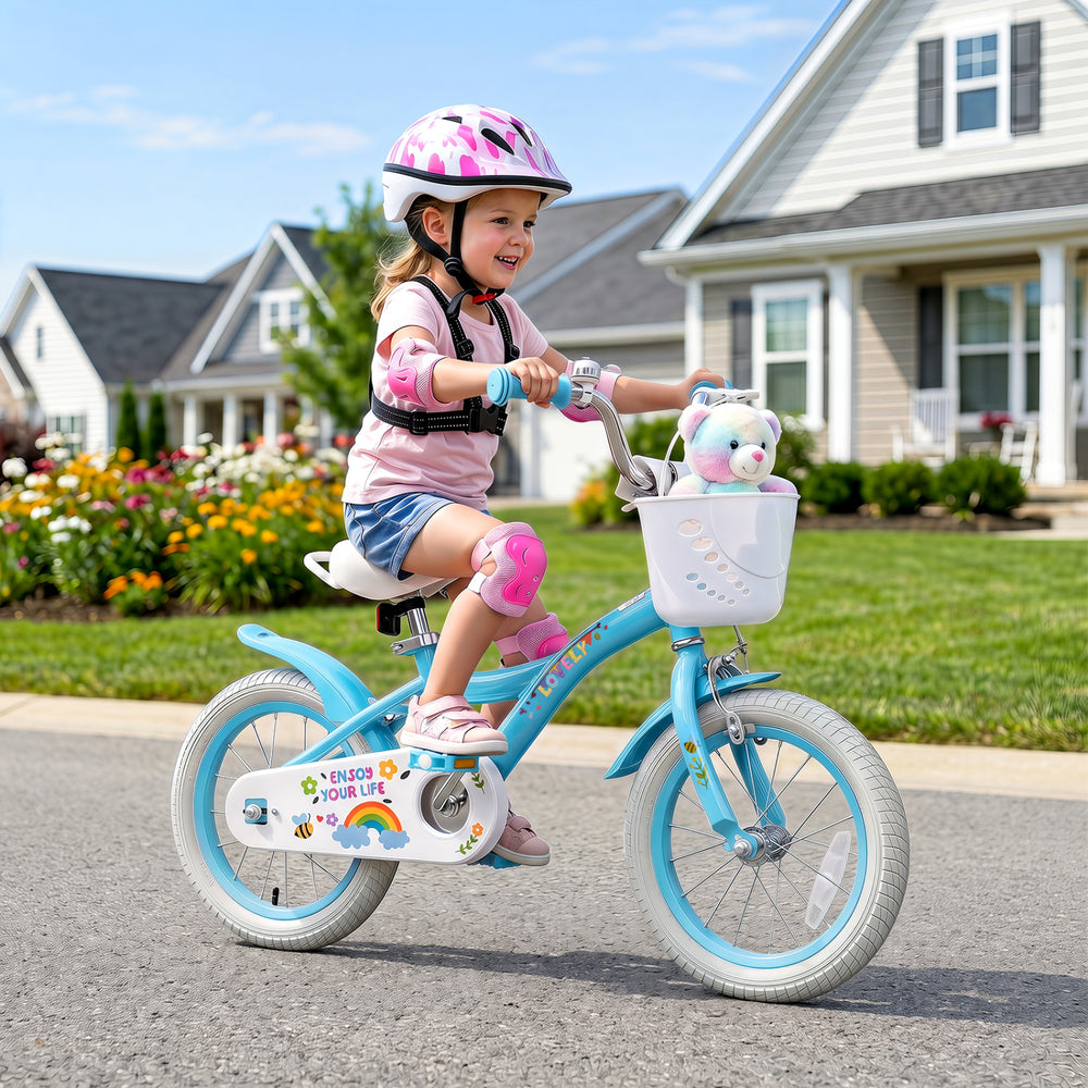 14 Inches Girls Bike for 3-5 Years Old with Training Wheels and Basket - Spring Party, Blue - Gallery View 1 of 10