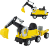Kids ride-on tractor in yellow features a digging arm, detachable trailer, and easy-to-grip levers for interactive play.