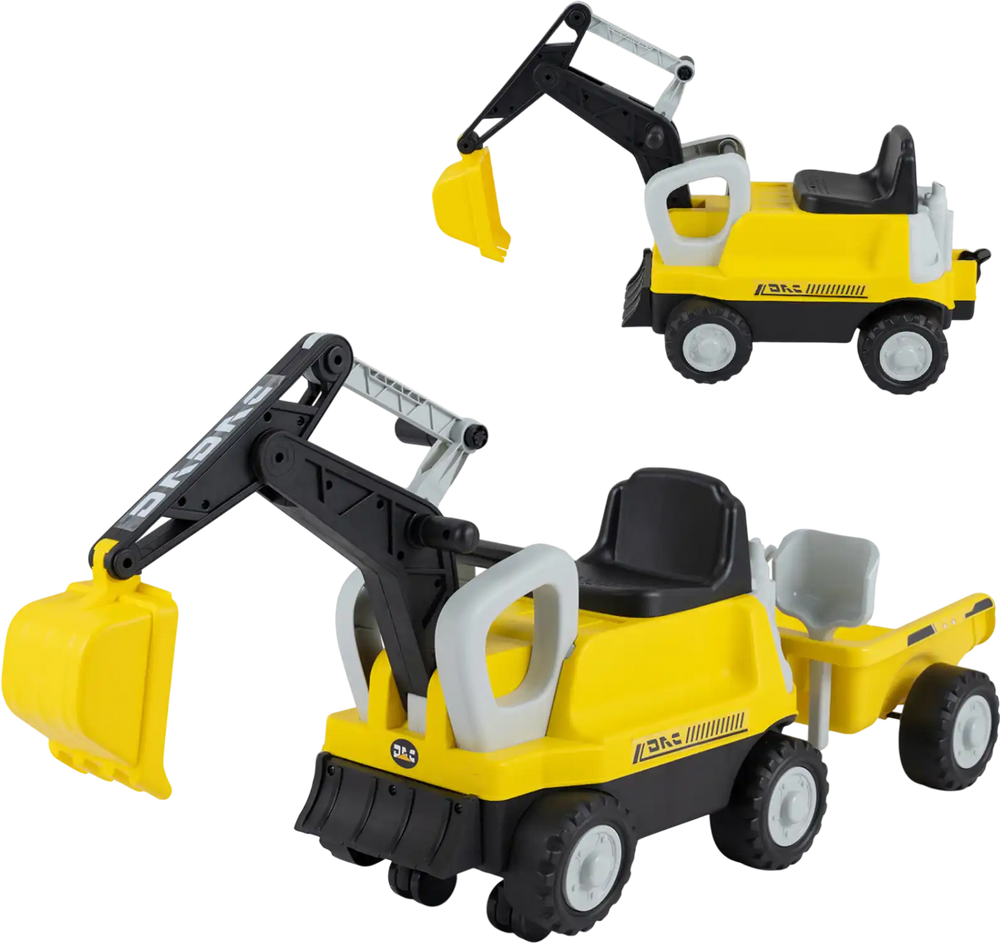Kids ride-on tractor in yellow features a digging arm, detachable trailer, and easy-to-grip levers for interactive play.