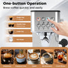 Home espresso coffee station set featuring a compact espresso machine, grinder, and milk frother for café-style beverages.