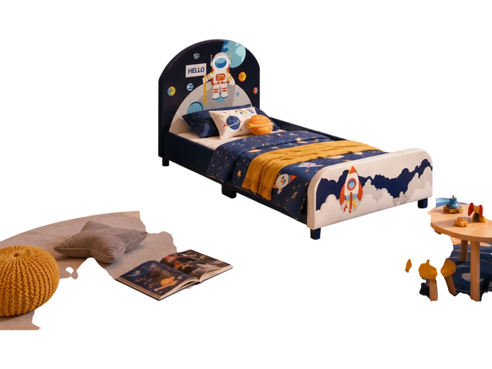 Space Astronaut Theme Kids Upholstered Platform Bed with Toy Storage Organizer