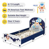 Space-themed kids upholstered platform bed with toy storage organizer, featuring a padded headboard and stable wooden slats.
