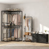 Stylish freestanding clothes rack with side hooks and fabric bins, designed for efficient bedroom or laundry organization.