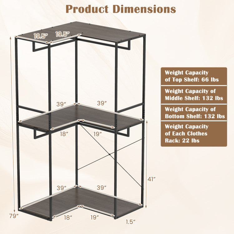 3-tier clothes rack with a modern rustic wood grain finish and heavy-duty metal frame for versatile bedroom storage.