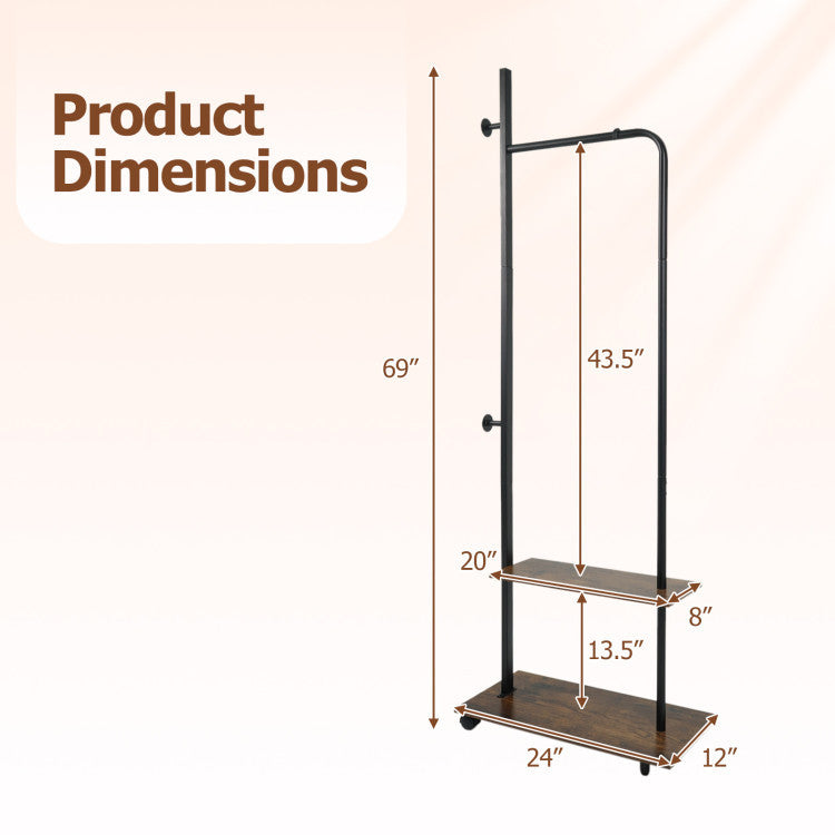 Freestanding 3-tier clothes rack with a heavy-duty metal frame and modern rustic wood grain for versatile storage solutions.