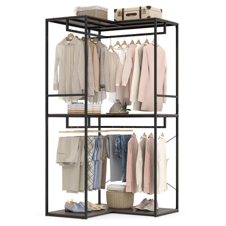 Freestanding 3-tier clothes rack with heavy-duty metal frame, fabric drawers, and modern rustic design for versatile storage.