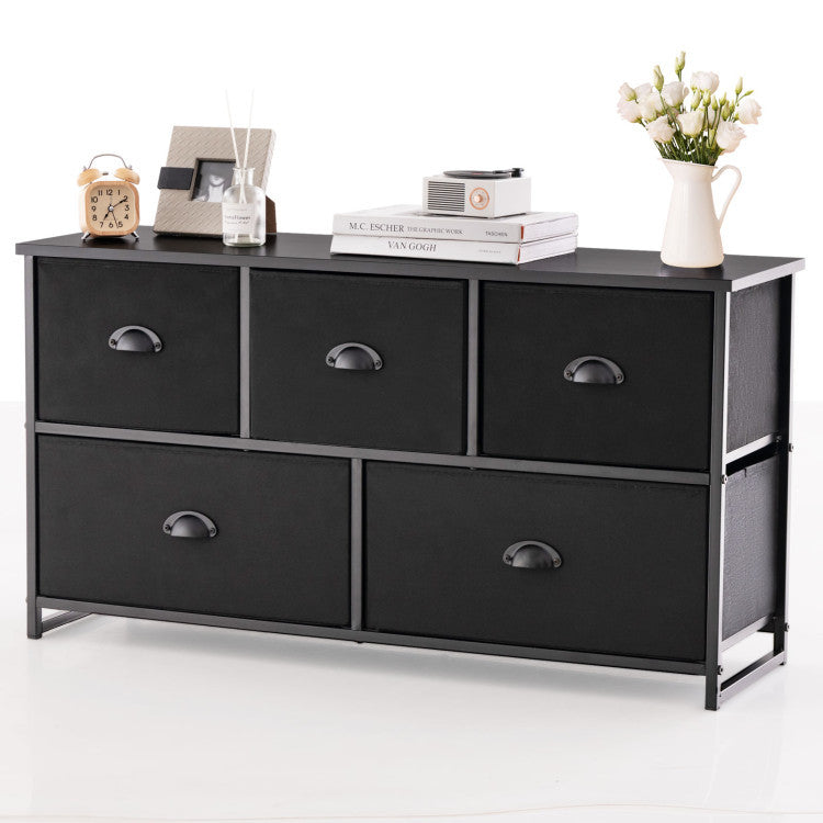 Freestanding dresser storage tower with six fabric drawers and a heavy-duty metal frame for versatile home organization.