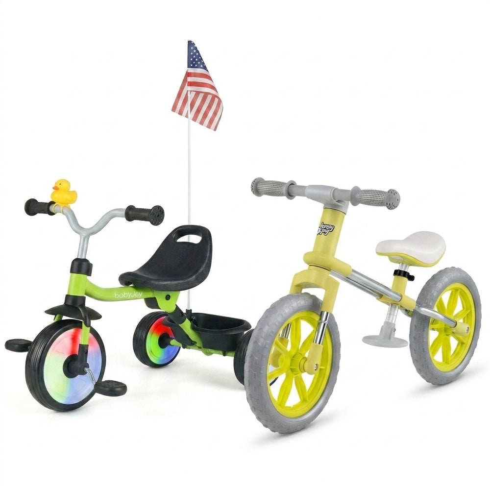 Balance bike and tricycle set for toddlers featuring glowing wheels, adjustable seats, and a fun basket for safe rides.