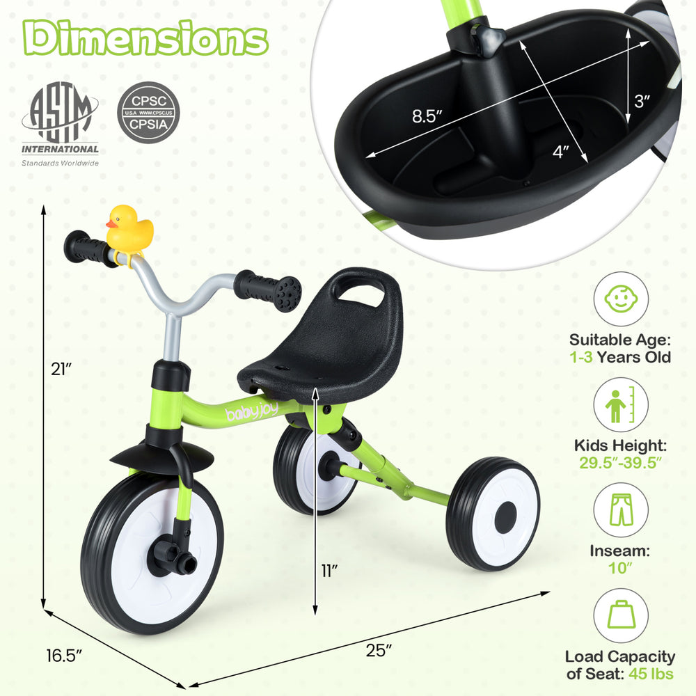 Toddler tricycle with adjustable seat, EVA foam tires, and a basket, designed for ages 1-3 years for safe rides.