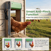 Automatic chicken coop door with anti-pinch function, remote control, and light sensor for safe, convenient poultry management.