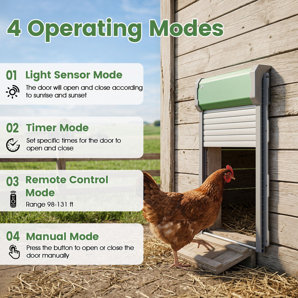 Automatic chicken coop door with remote control and light sensor, featuring four operating modes for versatile management.