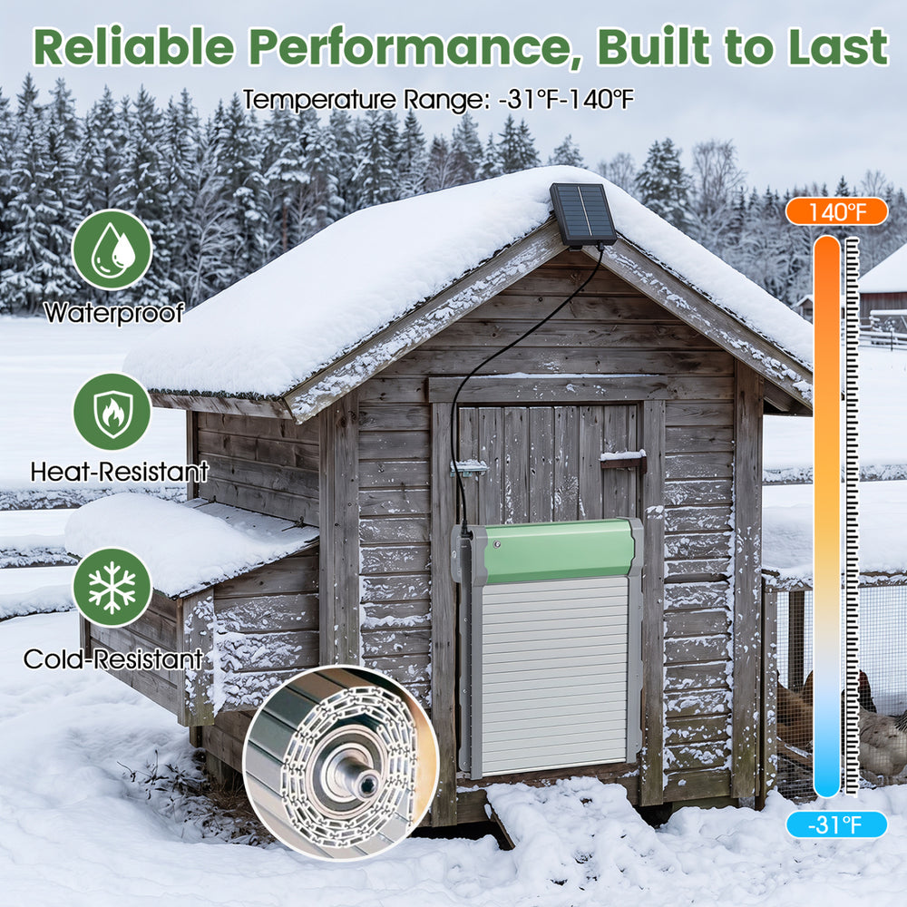 Automatic chicken coop door with solar panel, waterproof aluminum, and remote control for convenient poultry management.