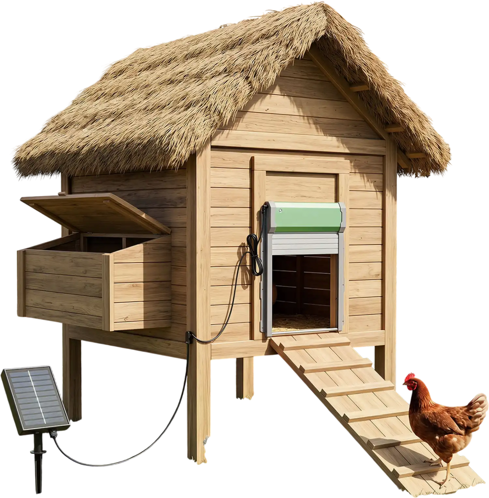 Automatic chicken coop door with remote control and light sensor, designed for backyard coops and poultry farms.