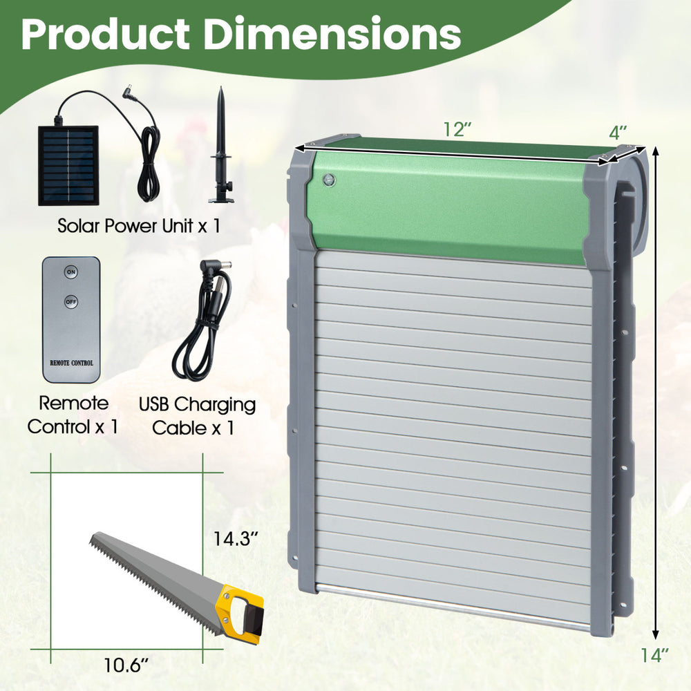 Automatic chicken coop door with remote control, light sensor, and solar panel for reliable outdoor use.