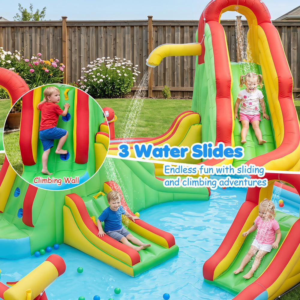 Kids inflatable water park featuring 3 water slides, a climbing wall, and a splash pool for summer fun in the backyard.