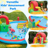 Kids inflatable water park featuring a splash pool, climbing wall, and basketball hoop for summer fun in the backyard.