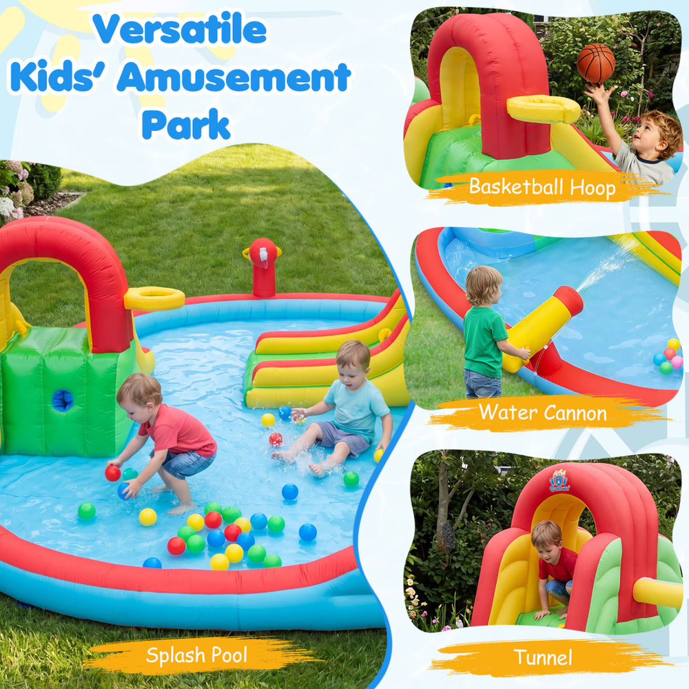 Kids inflatable water park featuring a splash pool, climbing wall, and basketball hoop for summer fun in the backyard.