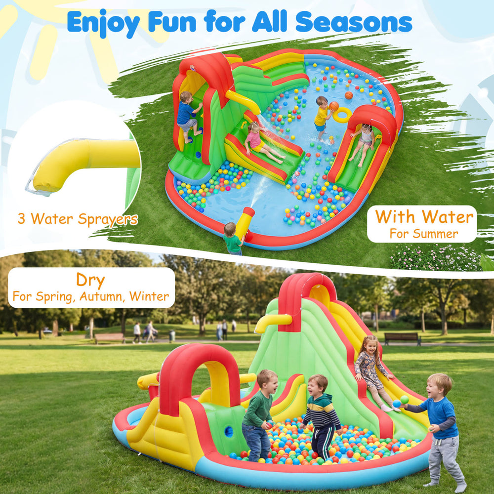 Kids inflatable water park featuring 3 water slides, splash pool, and climbing wall for year-round outdoor fun.