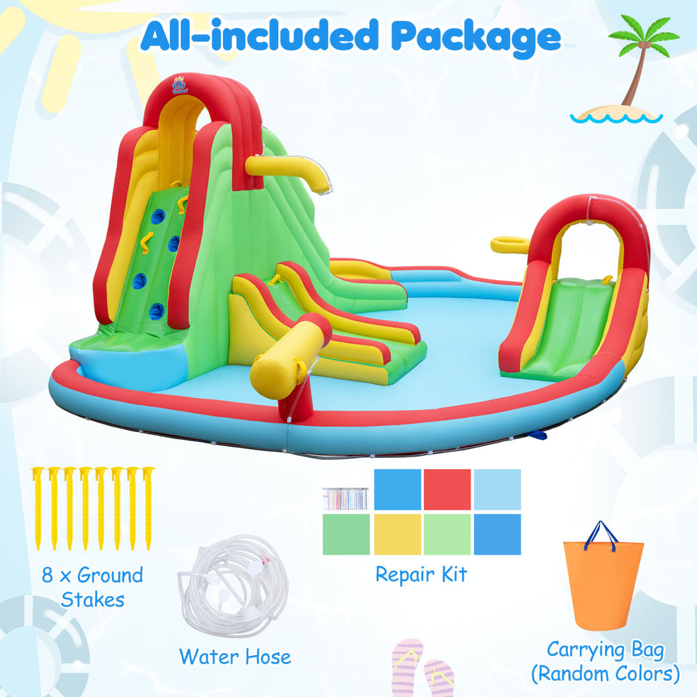Kids inflatable water park featuring 3 slides, splash pool, and climbing wall for summer fun in the backyard.