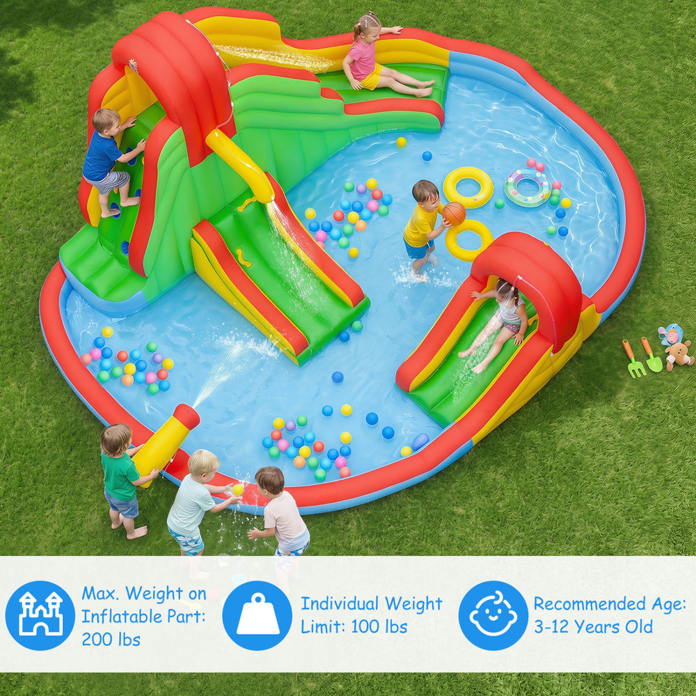 Kids inflatable water park featuring three slides, a climbing wall, and a splash pool for summer fun and safe play.