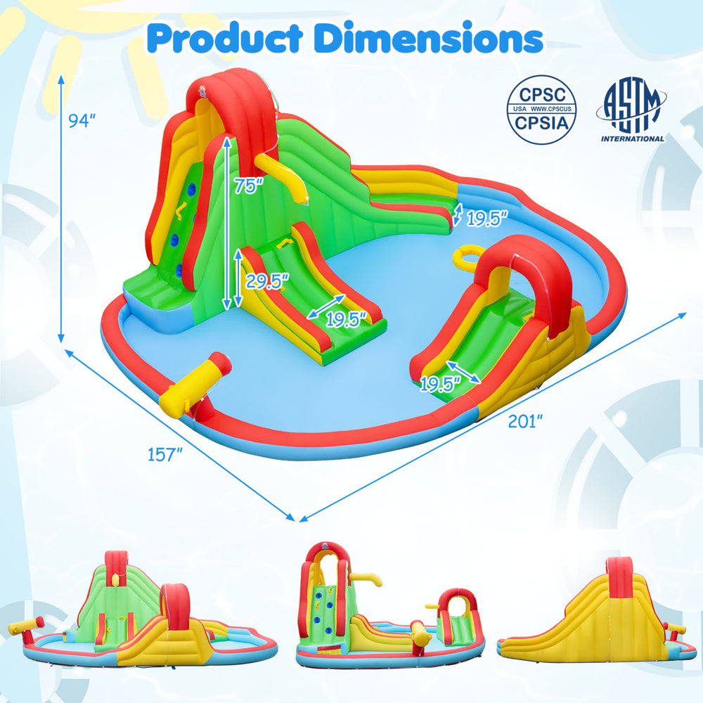 Kids inflatable water park featuring 3 water slides, climbing wall, and splash pool for summer fun in the backyard.