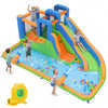 Inflatable water slide park featuring two climbing walls, splash pool, and basketball hoop for yard party fun.