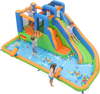 Inflatable water slide park featuring dual slides, climbing walls, and splash pool for exciting yard parties.