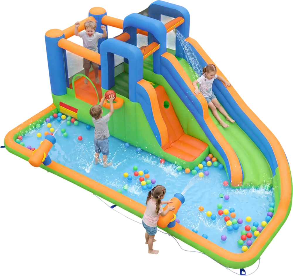 Inflatable water slide park featuring dual slides, climbing walls, and splash pool for exciting yard parties.