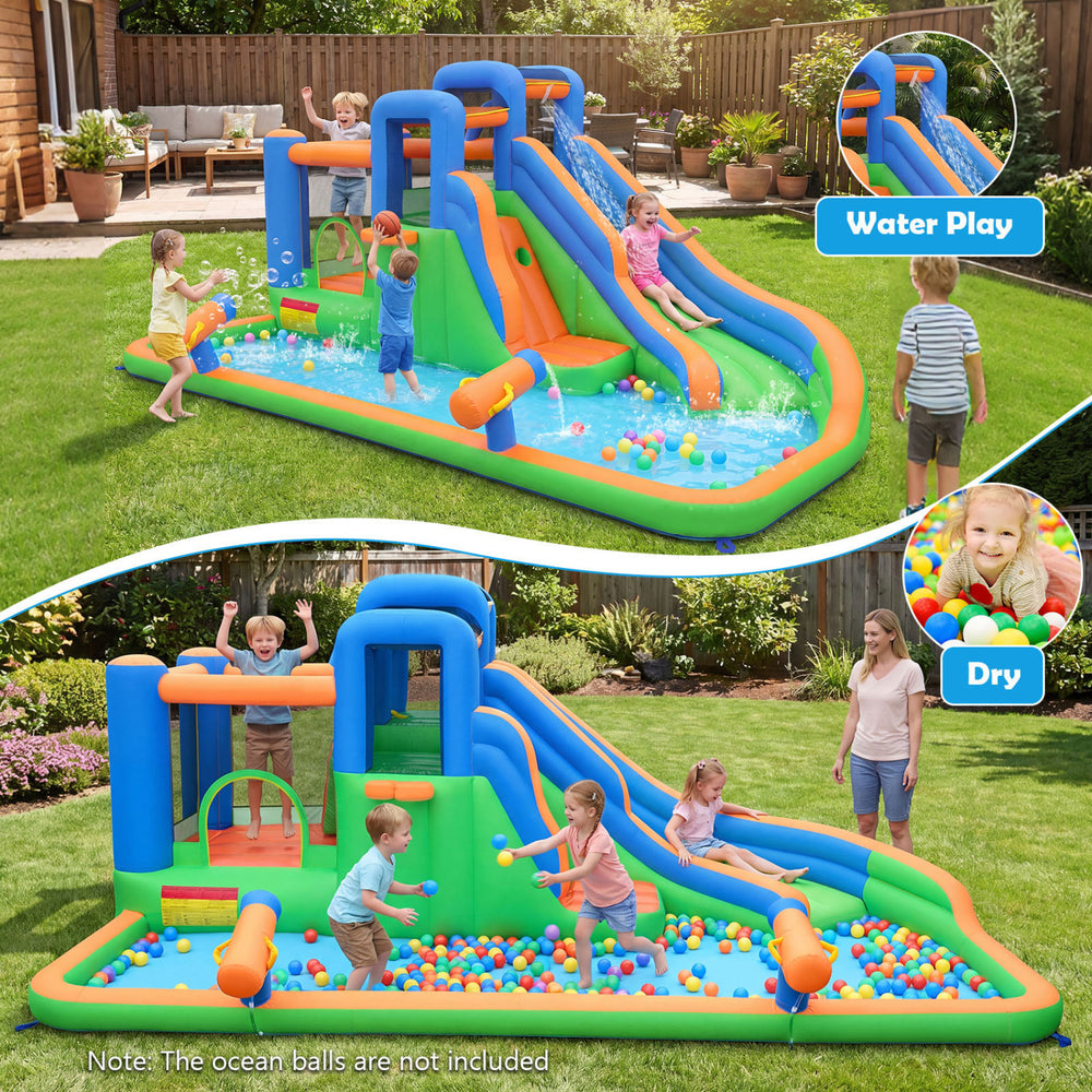 Inflatable water slide park with splash pool, climbing walls, and basketball hoop for yard parties and outdoor fun.