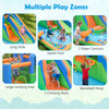 Inflatable water slide park features a long slide, splash pool, climbing walls, and basketball hoop for yard parties.