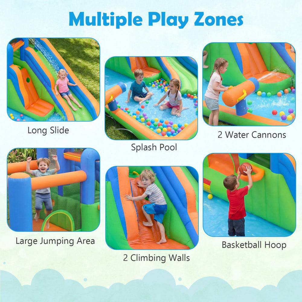Inflatable water slide park features a long slide, splash pool, climbing walls, and basketball hoop for yard parties.