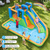 Inflatable water slide park features dual slides, climbing walls, and splash pool for outdoor fun and excitement.