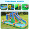 Inflatable water slide park with splash pool, climbing walls, and dual water cannons for yard party fun.