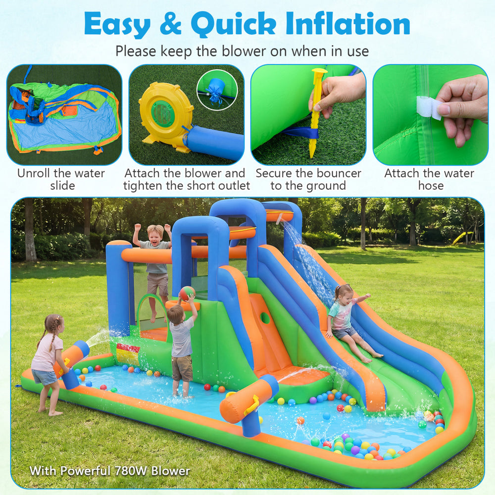 Inflatable water slide park with splash pool, climbing walls, and dual water cannons for yard party fun.