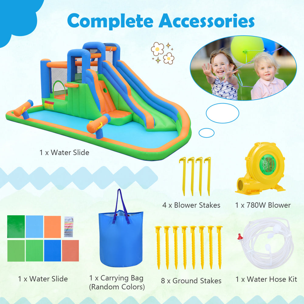 Inflatable water slide park featuring a splash pool, climbing walls, and dual water cannons for yard party fun.