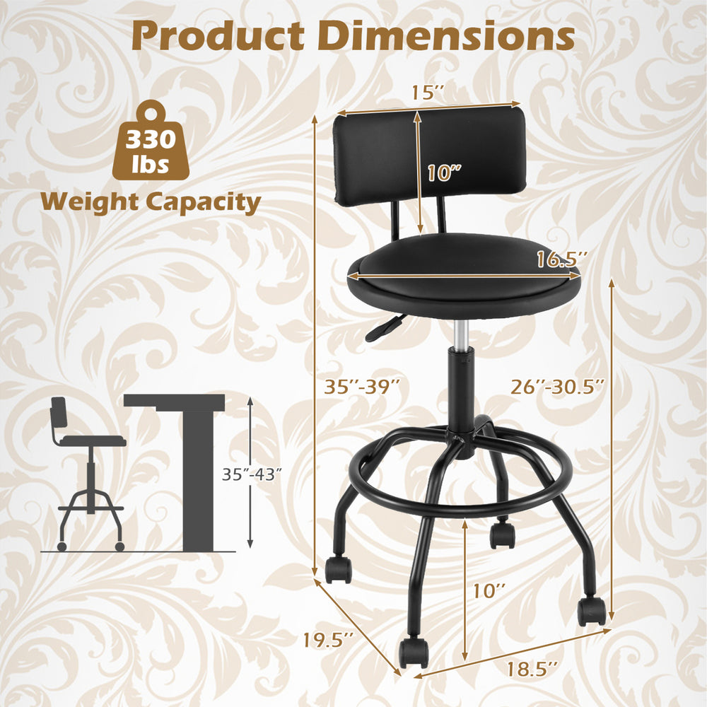 Height adjustable bar stool with backrest, PU leather, and 330 lbs capacity, ideal for kitchen islands or bar tables.