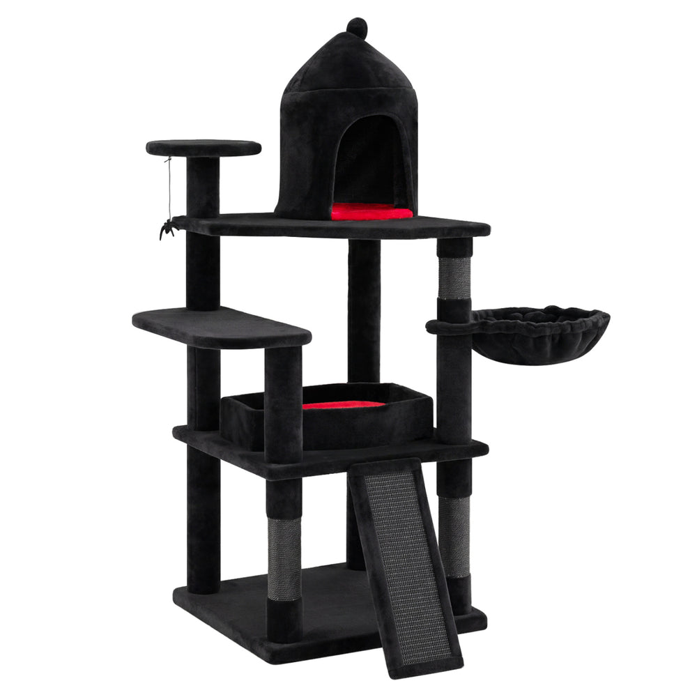 Gothic multi-level cat tree features a cozy house, large coffin bed, and sisal scratching ramp for indoor cats.
