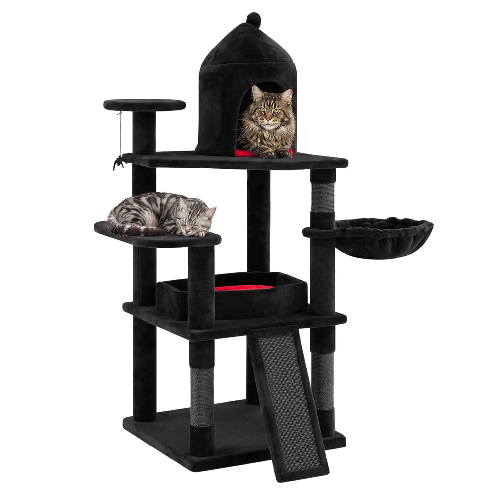 Multi-level 50-inch Gothic cat tree features a cozy house, scratching ramp, and plush beds for indoor cats' comfort and play.