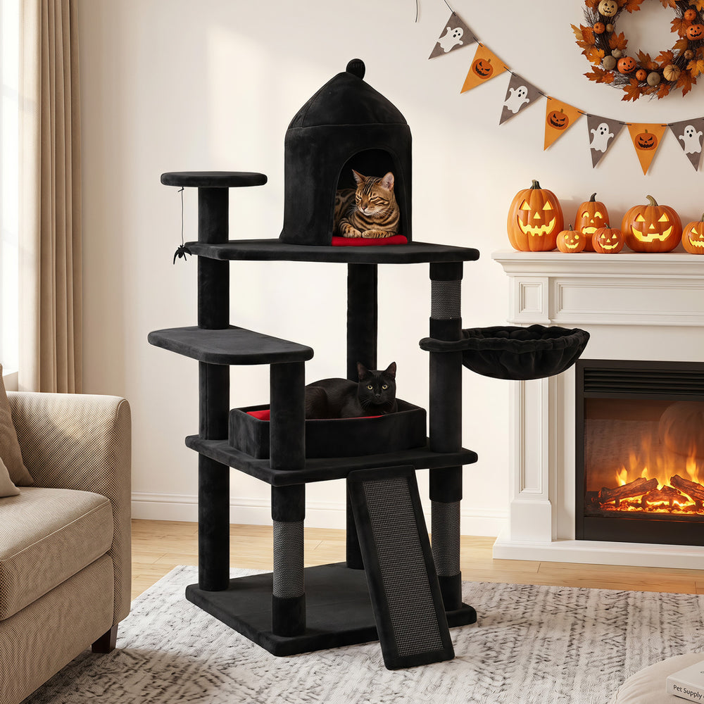 Gothic multi-level cat tree with house features a large coffin bed, sisal scratching ramp, and elevated perch for indoor cats.