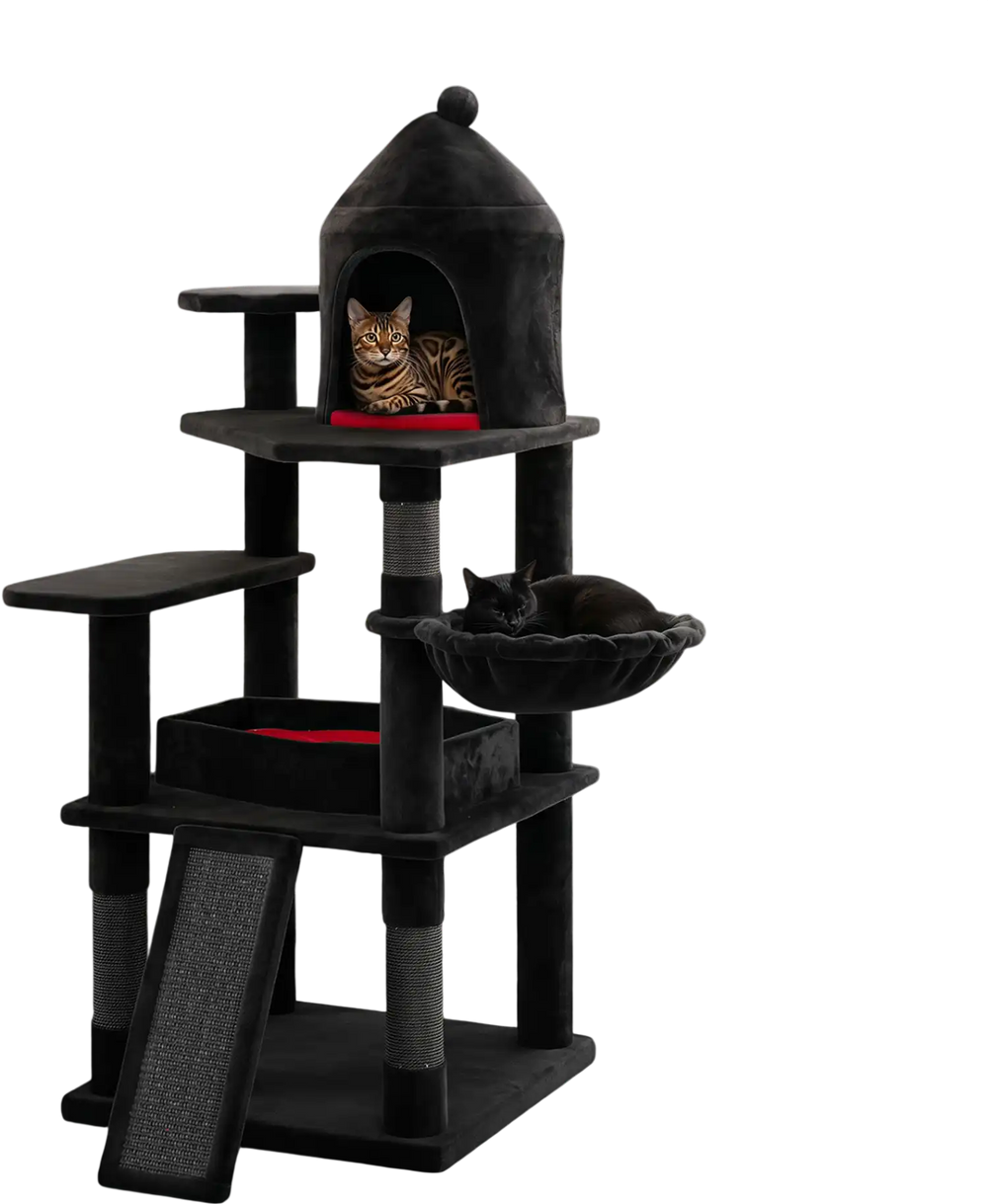 Gothic multi-level cat tree features a cozy castle-style house, sisal scratching ramp, and plush beds for indoor cats.