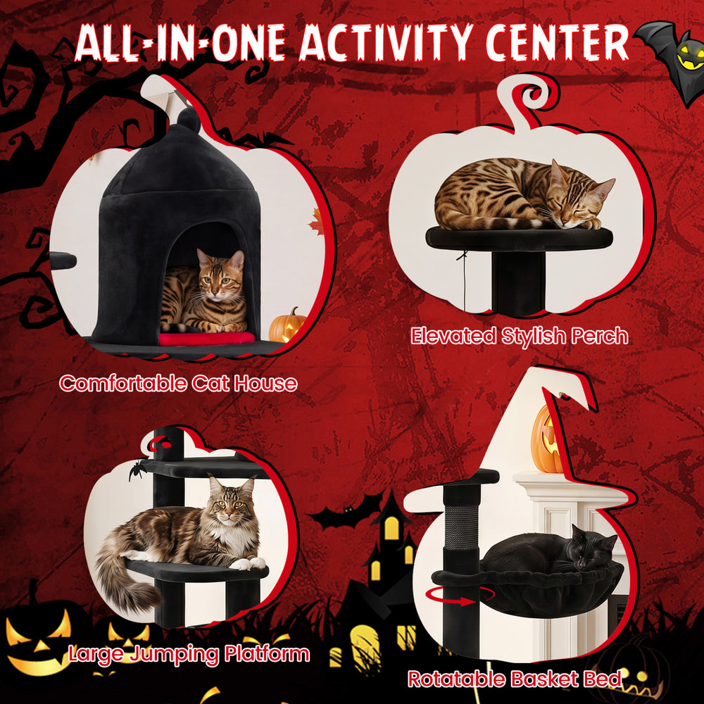 Multi-level 50-inch Gothic cat tree features a comfortable house, elevated perch, and large jumping platform for indoor cats.