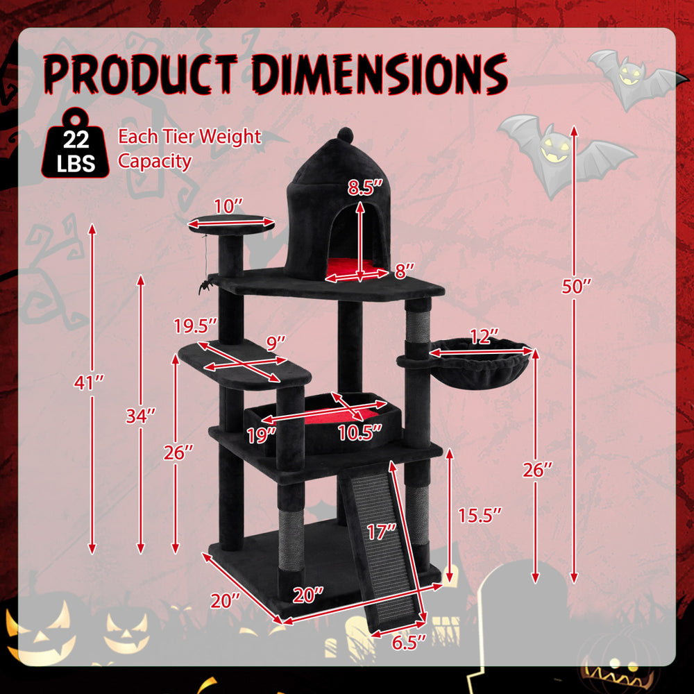 Dimensions of the 50 Inch Gothic Multi-level Cat Tree with House, featuring a large coffin bed and scratching ramp.