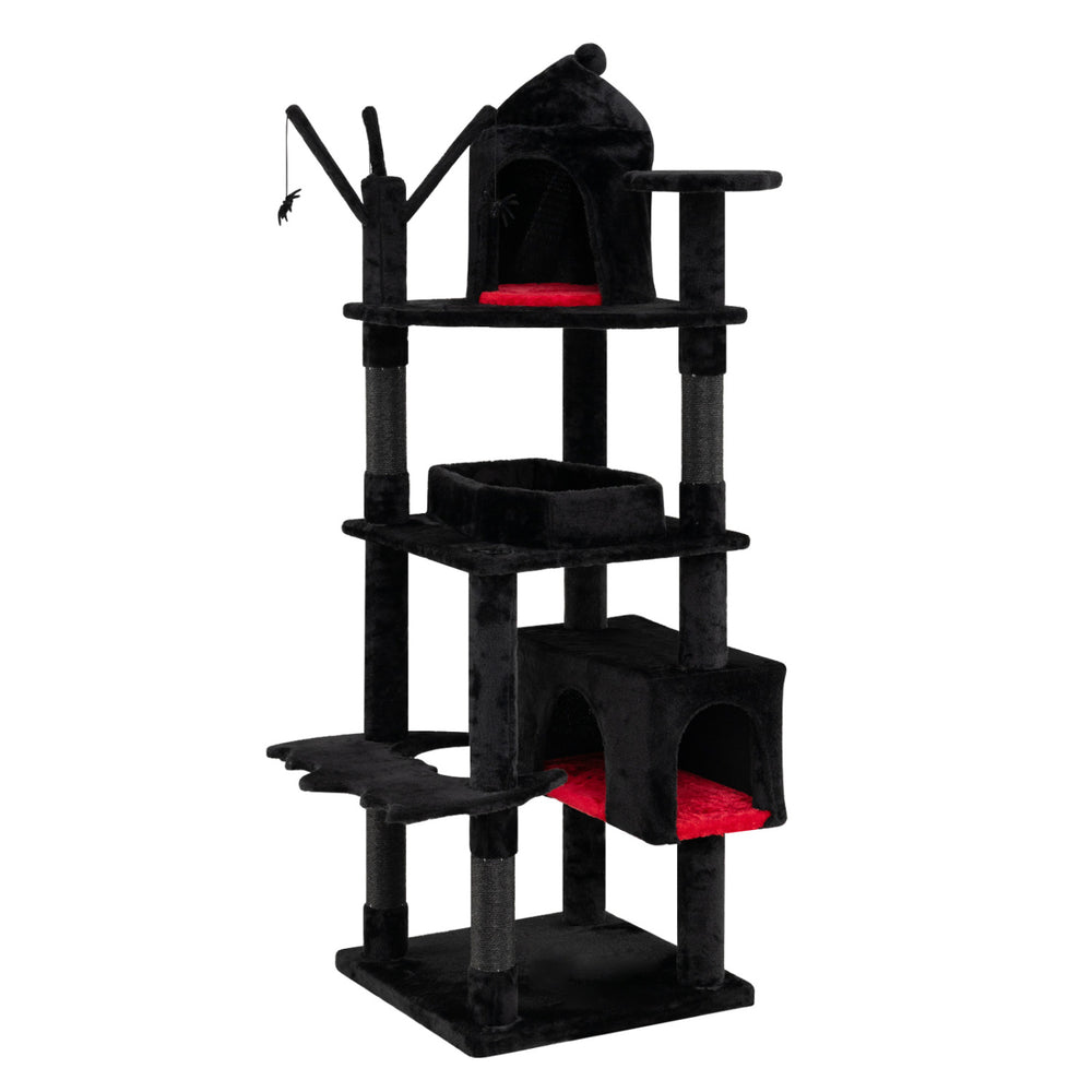 Multi-level 70-inch Gothic cat tree features a castle, cozy coffin bed, and sisal scratching posts for indoor cats.