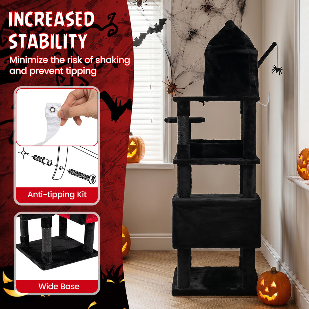 Gothic 70-inch cat tree features a wide base, anti-tipping kit, and multi-level design for active indoor play.