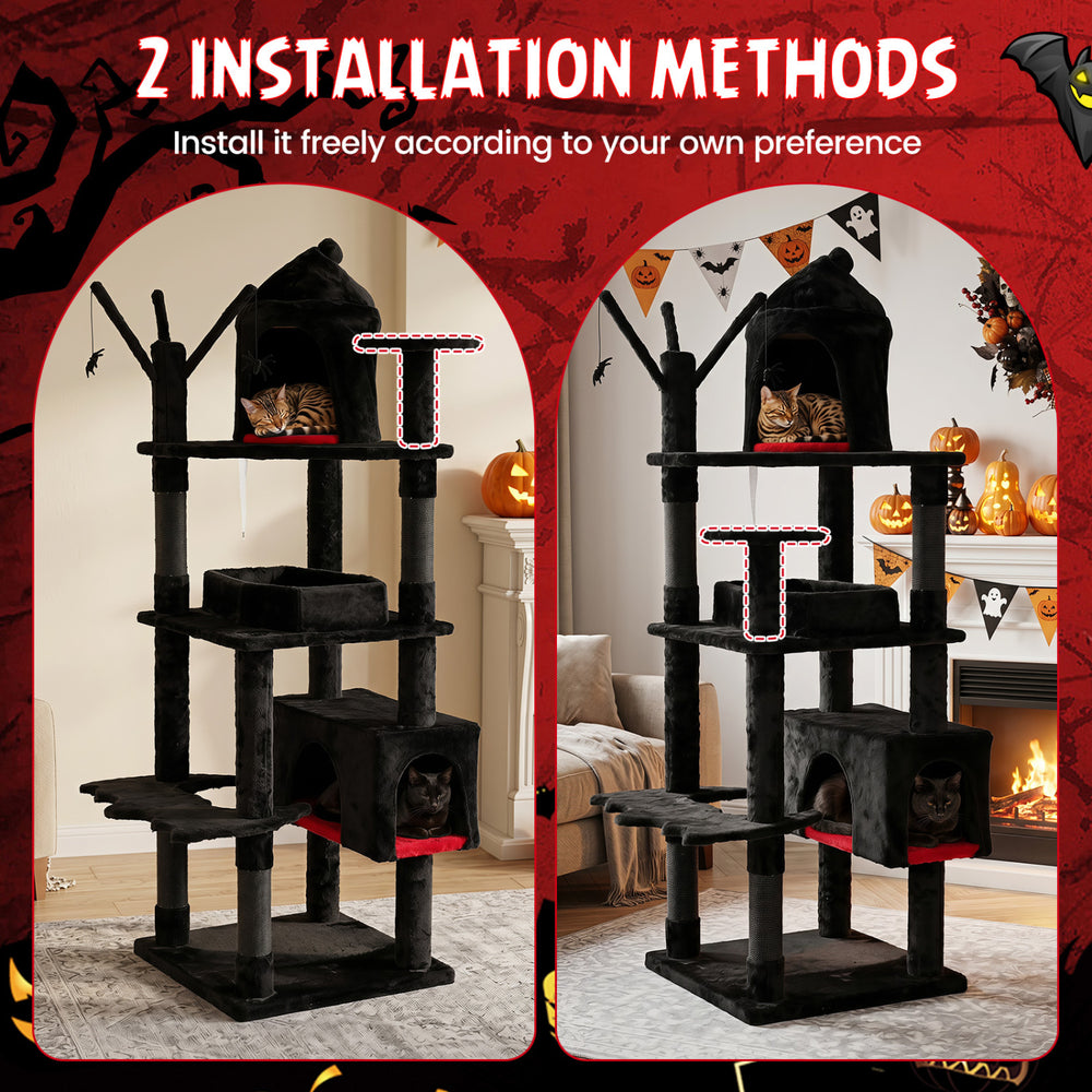 Gothic cat tree features a multi-level design, cozy coffin bed, and sisal scratching posts for indoor cat play.