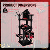 Detailed dimensions of the 70-inch Gothic cat tree featuring a castle design, multiple levels, and scratching posts.
