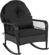 Outdoor wicker rocking chair showcasing a supportive back cushion and lumbar pillow, ideal for comfortable porch lounging.