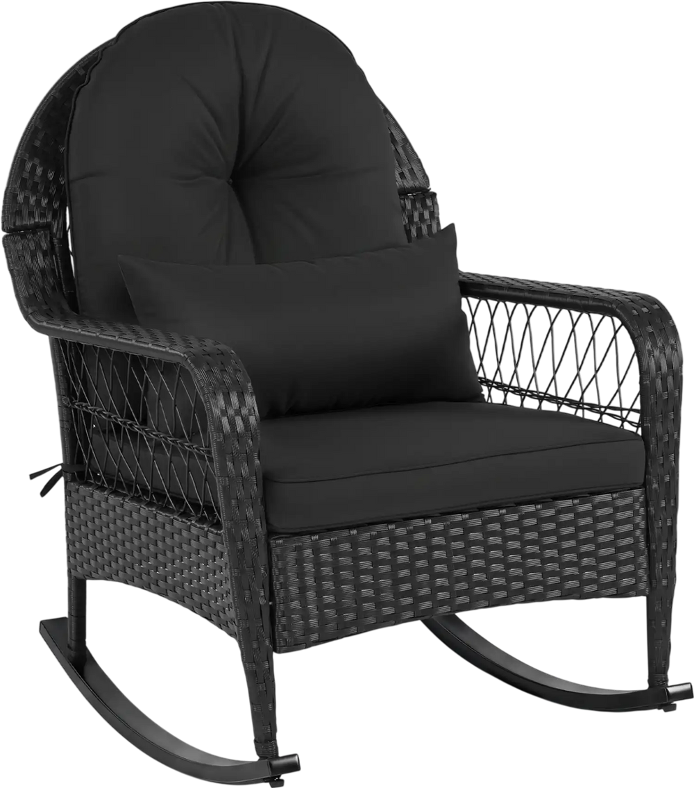 Outdoor wicker rocking chair showcasing a supportive back cushion and lumbar pillow, ideal for comfortable porch lounging.