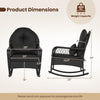 Black outdoor wicker rocking chair with thick cushions, anti-tip stoppers, and ergonomic design for porch relaxation.